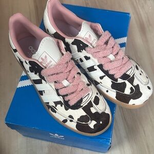 Adidas Black and White Cow Print Sneakers with Pink Details